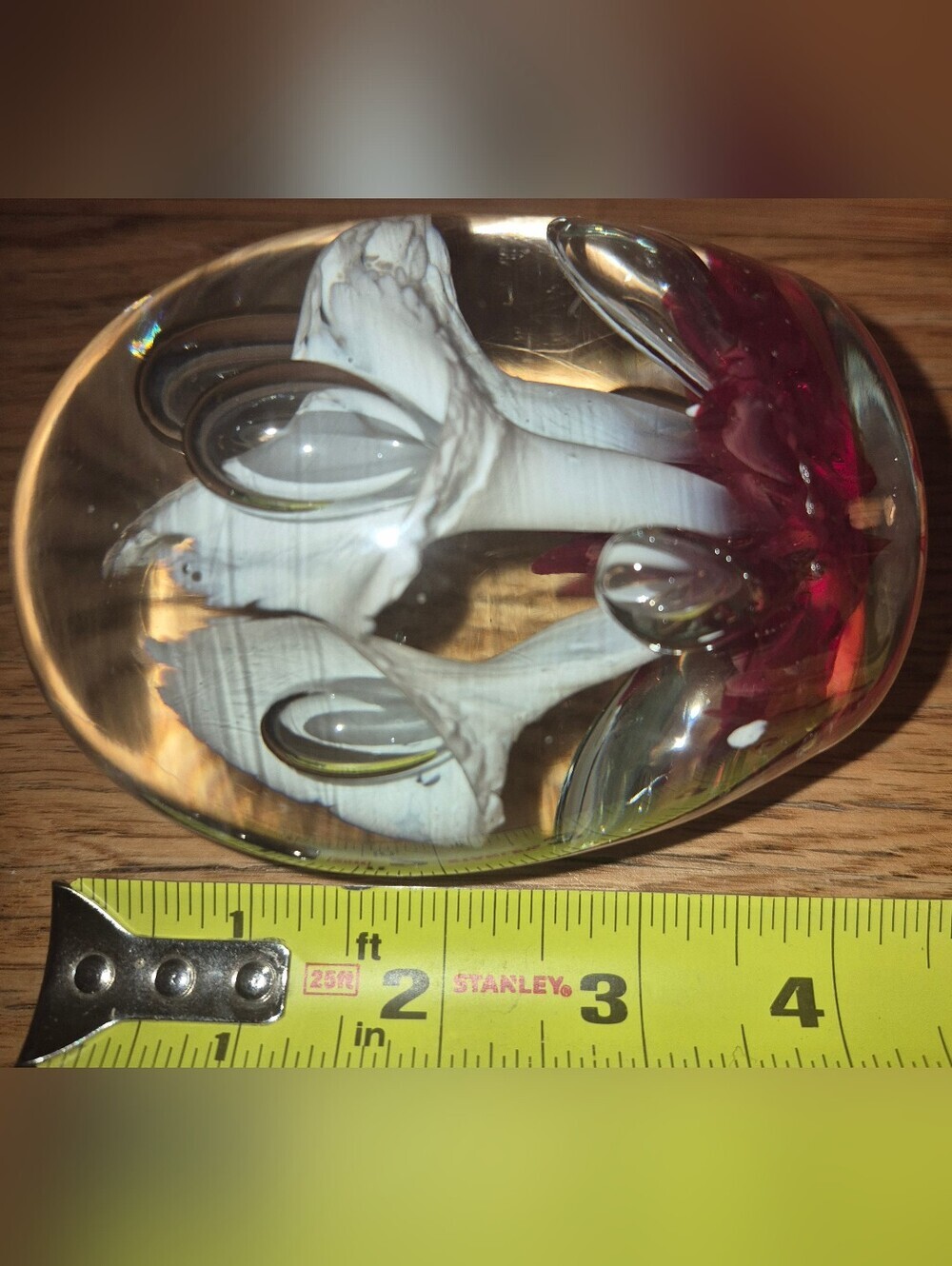 2 Art Glass Paperweights With White Trumpet Flowers On Red Controlled Bubbles - Picture 3 of 5